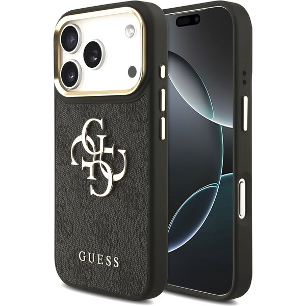 Guess PU Leather 4G Metal Logo Gold Frame kryt iPhone 17 Pro černý