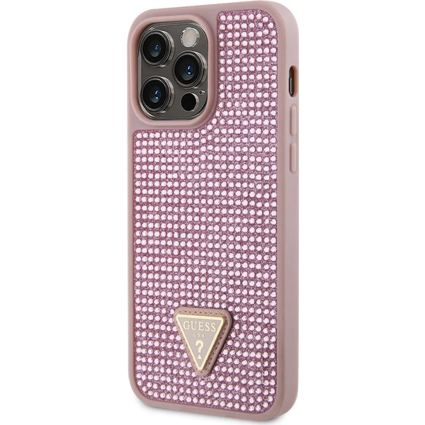 Guess Rhinestones Triangle Metal Logo Kryt pro iPhone 15 Pro Max růžový - Pouzdra - Obrázek 7892000N01