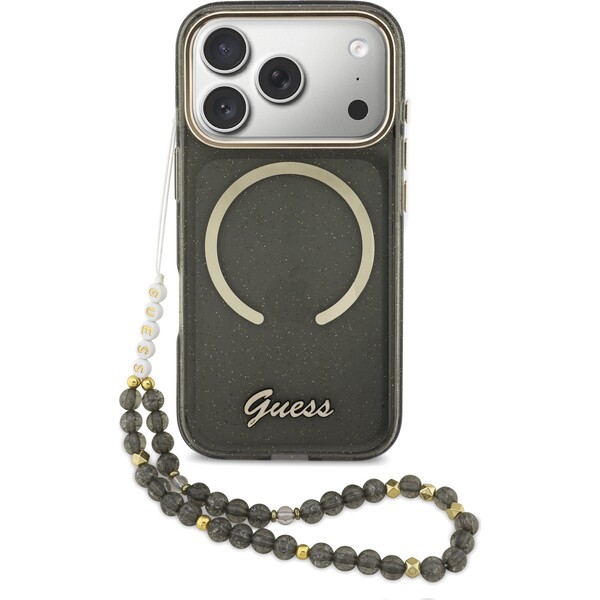 Guess IML Glitter Script Strap MagSafe Zadní Kryt pro iPhone 17 Pro Black