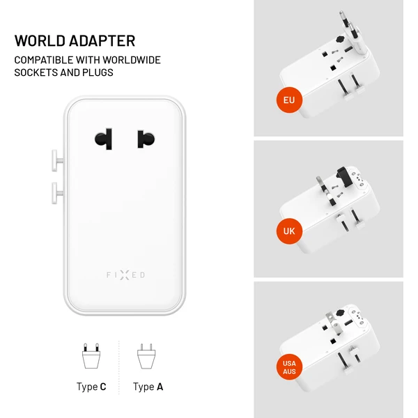 FIXED Voyager Slim 45W cestovní GaN adaptér (PD) pro EU, UK a USA/AUS, bílý - Nabíječky - Obrázek 79ef6359324e4287bdd2c094f0a1311f