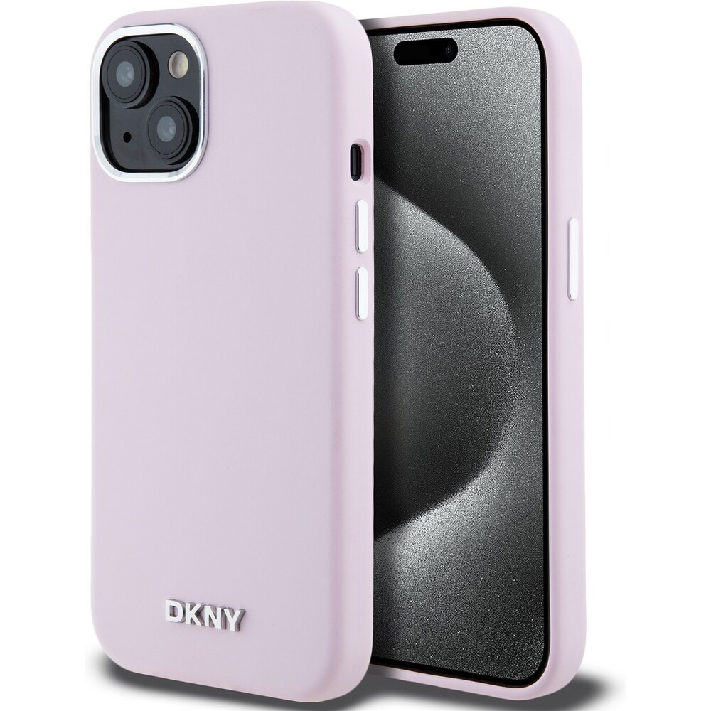 DKNY Liquid Silicone Silver Metal Logo Magsafe kryt iPhone 15 růžový