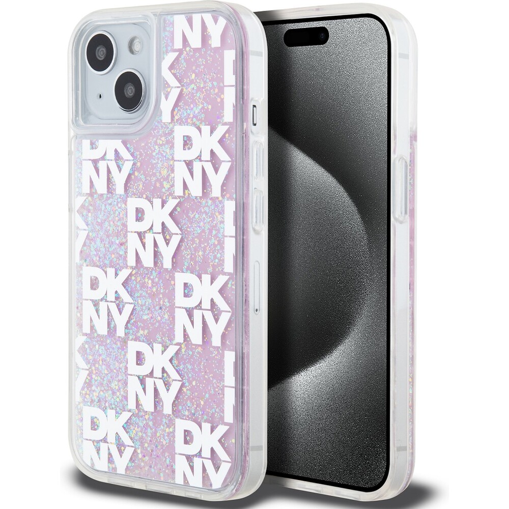 DKNY Liquid Glitter Checkered Pattern kryt iPhone 15 růžový