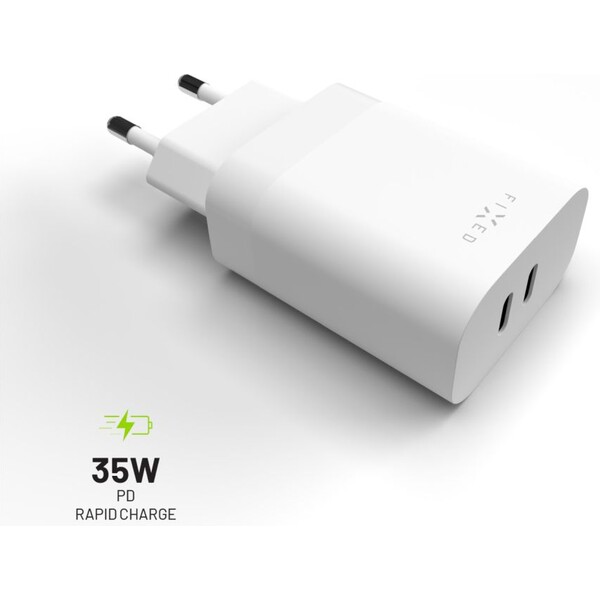 FIXED síťová nabíječka s 2x USB-C výstupem, podpora PD, 35W, bílá