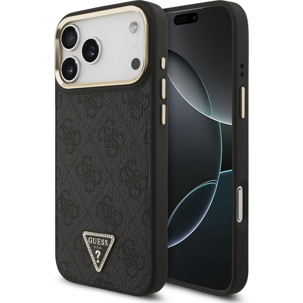 Guess PU Leather 4G Triangle Logo Gold Frame MagSafe kryt iPhone 17 Pro Max černý