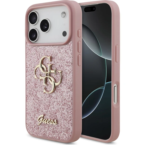 Guess PU Fixed Glitter 4G Metal Logo kryt iPhone 18 Pro růžový