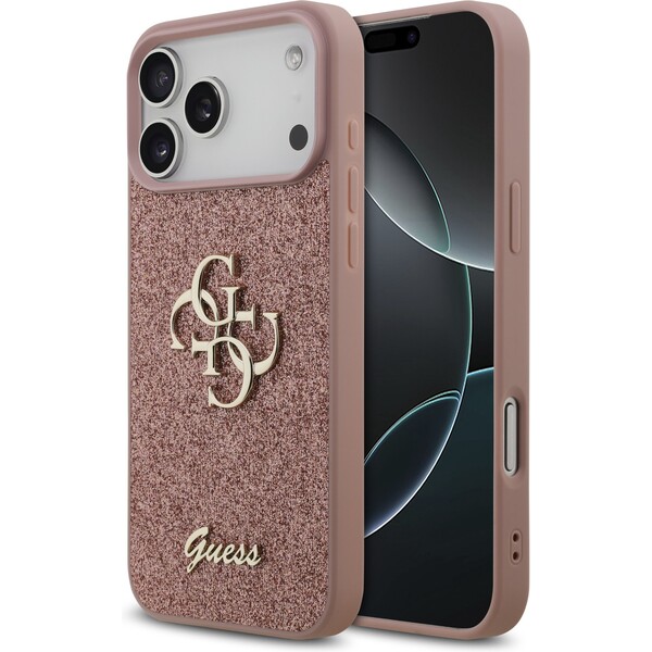Guess PU Fixed Glitter 4G Metal Logo kryt iPhone 17 Pro Max růžový