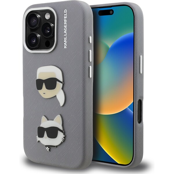 Karl Lagerfeld Grained PU K&CH Heads kryt iPhone 16 Pro Max šedý