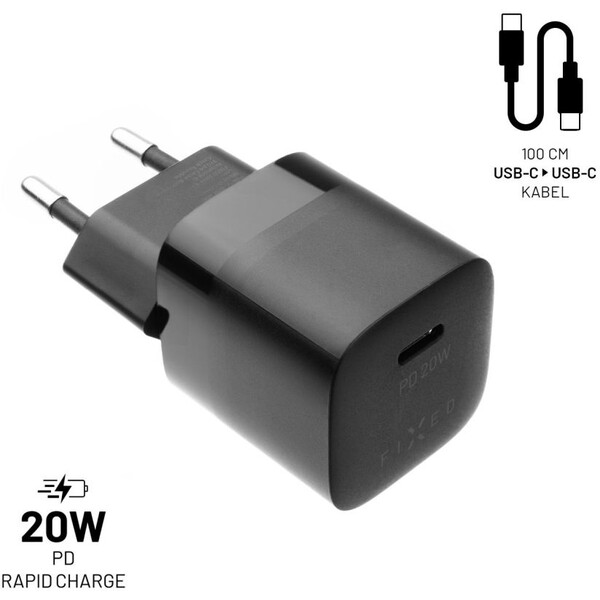 FIXED Mini nabíječka s USB-C výstupem a kabelem USB-C 1 metr PD 20W černý