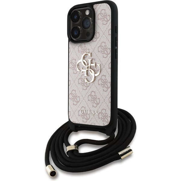 Guess PU 4G Metal Logo Crossbody popruh kryt iPhone 15 Pro Max růžový