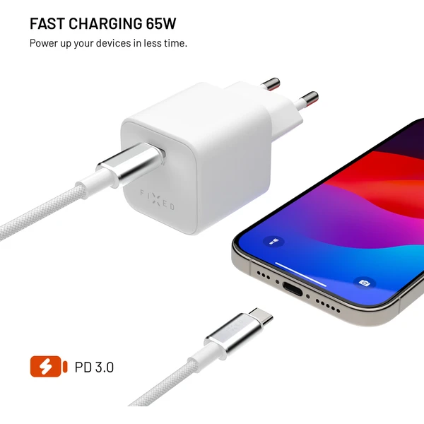 FIXED Mini set síťové GaN nabíječky s USB-C výstupem a USB-C/USB-C kabelem, PD, 65W, (2m) bílý - Nabíječky - Obrázek 7ee2a26318214d7e9ec1df821e930723