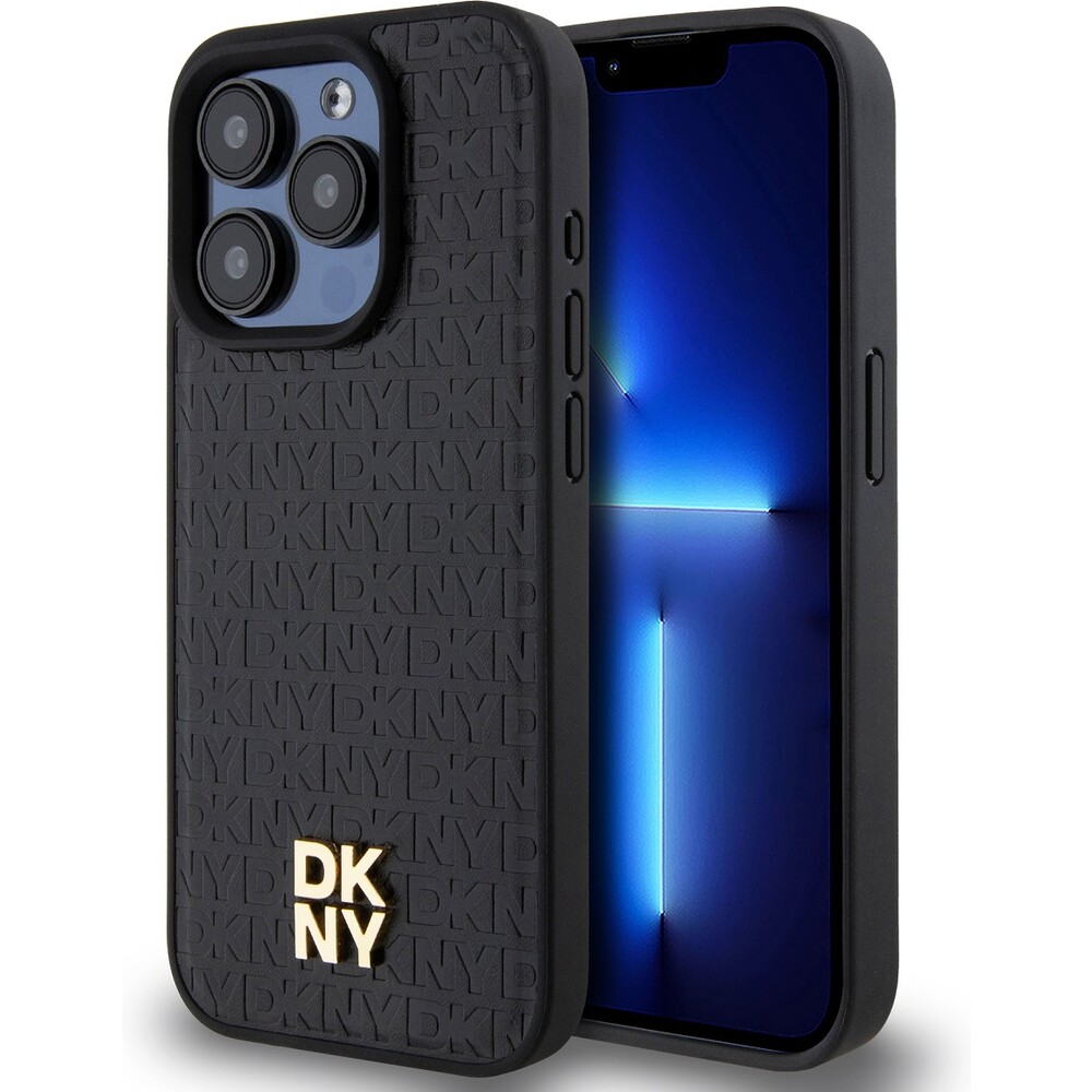 DKNY PU Leather Repeat Pattern Stack Logo Magsafe kryt iPhone 13 Pro černý