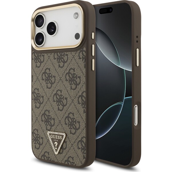 Guess PU Leather 4G Triangle Logo Gold Frame MagSafe kryt iPhone 17 Pro Max hnědý