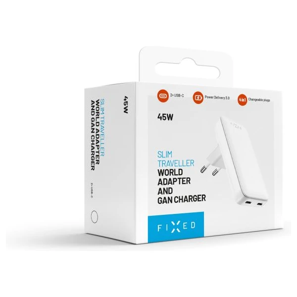 FIXED Slim Traveller GaN cestovní nabíječka s 2x USB-C a adaptéry (45W) bílá - Nabíječky - Obrázek 824e082737e545c6905d877da0d5561f