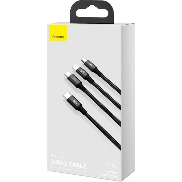 Baseus Rapid 3v1 napájecí kabel 20W 1,5m černý  - Kabely a redukce - Obrázek 83PB000N01