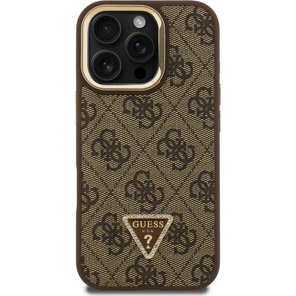 Guess PU 4G Strass Triangle Logo Stand Camera Frame MagSafe kryt iPhone 16 Pro hnědý - Pouzdra - Obrázek 8621be79dd3f4780a55c2e37480dcc2e