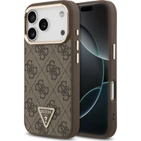 Guess PU Leather 4G Strass Triangle Logo Gold Frame MagSafe kryt iPhone 18 Pro hnědý - Pouzdra