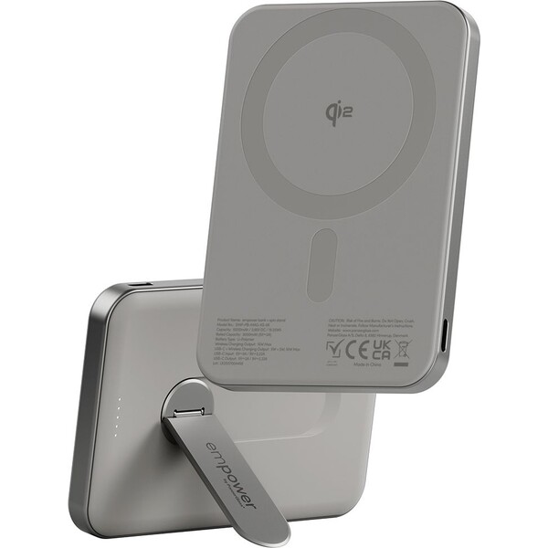 PanzerGlass® empower bezdrátová Qi2 powerbanka 5000 mAh, MagSafe, otočný stojánek, šedá