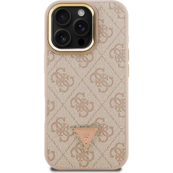 Guess PU 4G Strass Triangle Logo Stand Camera Frame MagSafe kryt iPhone 16 Pro růžový - Pouzdra - Obrázek 88452e82196d4291865f0523087481e6