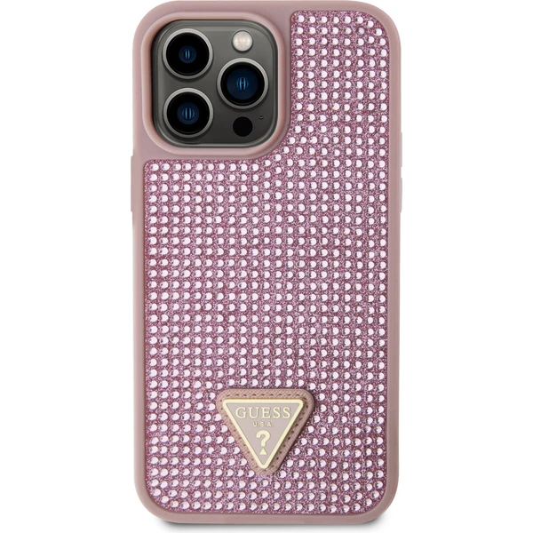 Guess Rhinestones Triangle Metal Logo Kryt pro iPhone 15 Pro Max růžový - Pouzdra - Obrázek 8892000N01