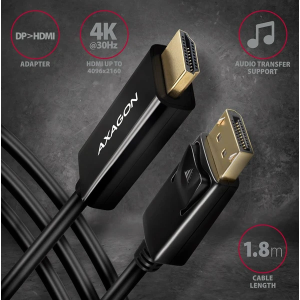 AXAGON DisplayPort 1.2/HDMI 1.4 kabel 4K 1,8m černý - Kabely a redukce - Obrázek 8GD0700301