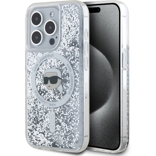 Karl Lagerfeld Liquid Glitter Karl Head MagSafe zadní kryt pro iPhone 15 Pro čirý