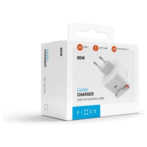 FIXED GaN nabíječka s 2xUSB-C, PD 3.0, se samonavíjecím kabelem, 65W, bílá - Nabíječky - Obrázek 8c0f808b26e34d8f8f148a14ad3db323