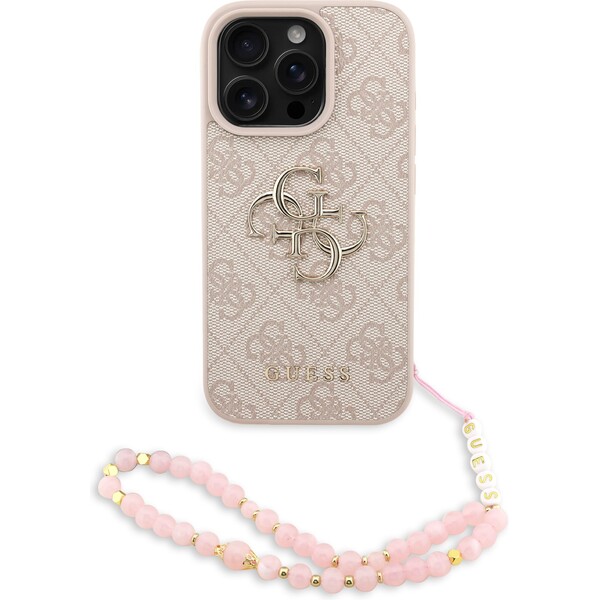 Guess PU 4G Metal Logo Strap kryt iPhone 16 Pro růžový