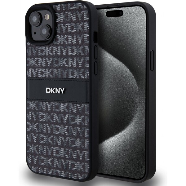 DKNY PU Leather Repeat Pattern Tonal Stripe kryt iPhone 15 Plus černý