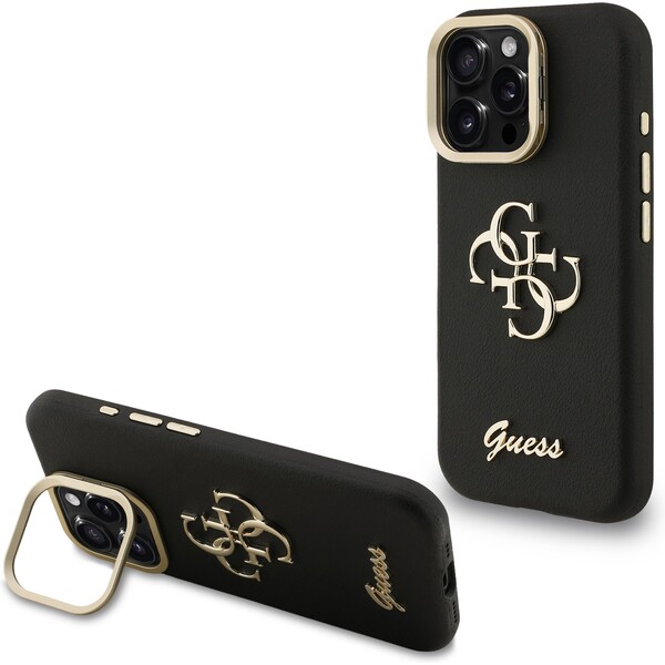 Guess PU Grained 4G Logo Stand Camera Frame kryt iPhone 15 Pro černý