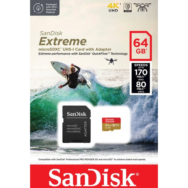 SanDisk micro SDXC karta 64GB Extreme Action Cams and Drones + adaptér - Paměťové karty - Obrázek 9332000P01