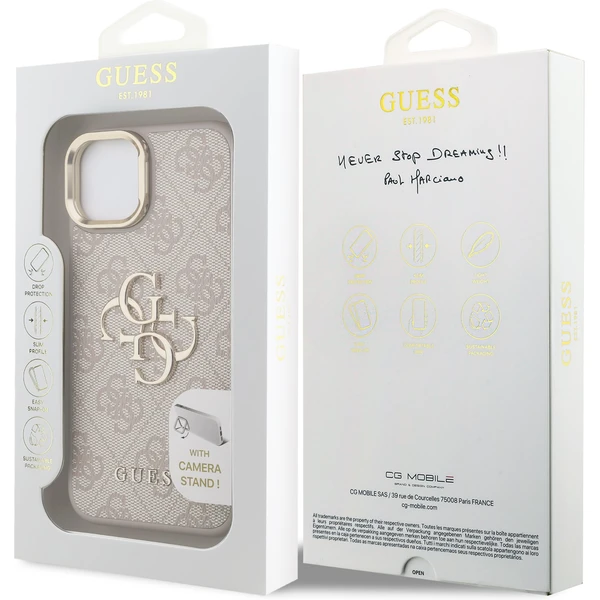 Guess PU 4G Metal Logo Stand Camera Frame kryt iPhone 15 růžový - Pouzdra - Obrázek 948361f39b6d497984fcaed2df51197d