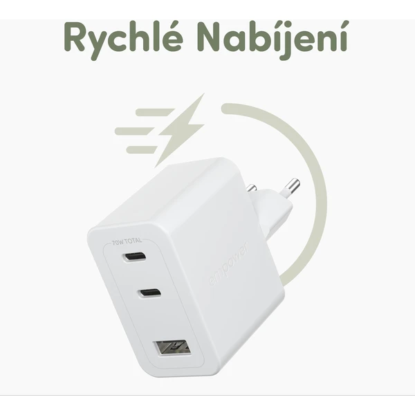 PanzerGlass® empower nabíječka Turbo GaN (70 W) 2x USB-C + 1x USB-A, bílá - Nabíječky - Obrázek 963J000K01