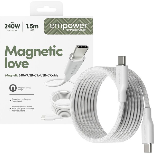 PanzerGlass® empower magnetický kabel (240 W) USB-C/USB-C, 1,5 m, bílý