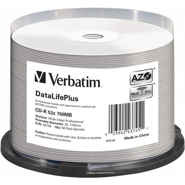 VERBATIM CD-R(50 ks) spindl, AZO 52X,700MB,bílý WIDE PRINTABLE SURFACE NON-ID