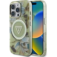 Guess IML Glitter Magnolia and Triangle Logo MagSafe kryt iPhone 16 Pro Max zelený - Pouzdra