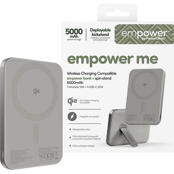 PanzerGlass® empower bezdrátová Qi2 powerbanka 5000 mAh, MagSafe, otočný stojánek, šedá - Powerbanky - Obrázek 983J000K01