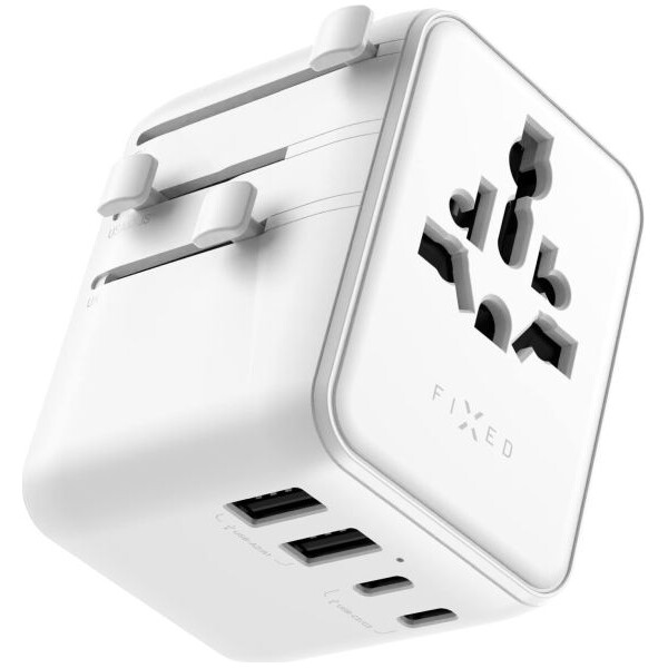 FIXED Voyager (70W) cestovní adaptér pro EU/UK/USA/AUS, 3xUSB-C a 2xUSB, GaN, PD bílý