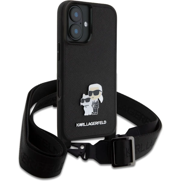 Karl Lagerfeld Saffiano Crossbody Popruh Metal Karl and Choupette kryt pro iPhone 16 Plus černý - Pouzdra - Obrázek 994515ceee1843cab7ae696828e40e26
