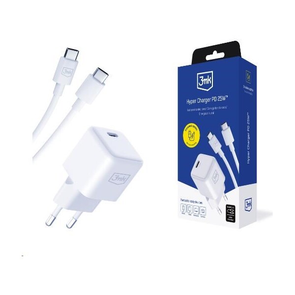 3mk Hyper Charger PD 25W  síťová nabíječka + USB-C kabel bílá