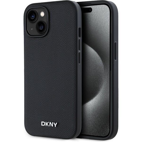 DKNY PU Leather Silver Metal Logo Magsafe kryt iPhone 13 černý