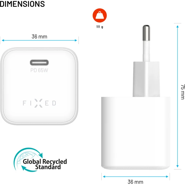 FIXED Mini set síťové GaN nabíječky s USB-C výstupem a USB-C/USB-C kabelem, PD, 65W, (2m) bílý - Nabíječky - Obrázek 9ce19b8c7c194e1dab45dd08eac85377