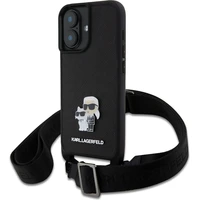 Karl Lagerfeld Saffiano Crossbody Popruh Metal Karl and Choupette kryt pro iPhone 16 černý - Pouzdra