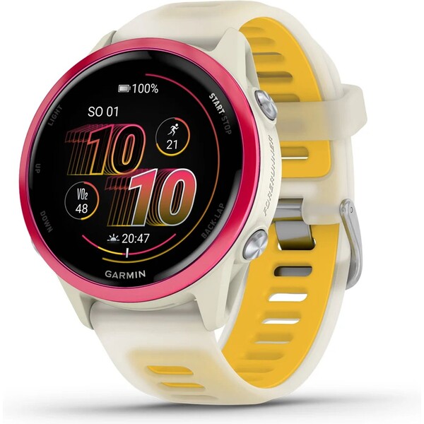 Garmin Forerunner 570 42 mm růžová hliníková luneta s bílo-žlutým poloprůhledným řemínkem Růžová