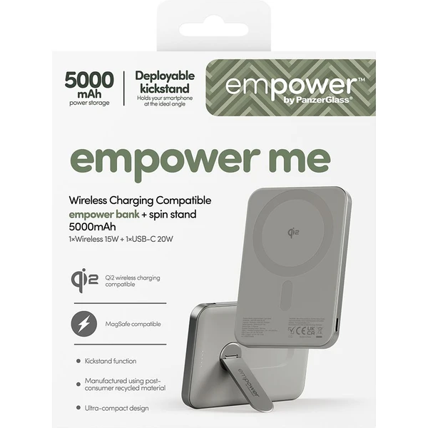 PanzerGlass® empower bezdrátová Qi2 powerbanka 5000 mAh, MagSafe, otočný stojánek, šedá - Powerbanky - Obrázek A83J000K01