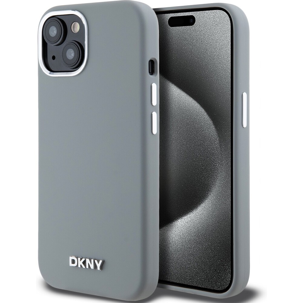 DKNY Liquid Silicone Silver Metal Logo Magsafe kryt iPhone 15 šedý