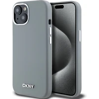 DKNY Liquid Silicone Silver Metal Logo Magsafe kryt iPhone 15 šedý - Pouzdra
