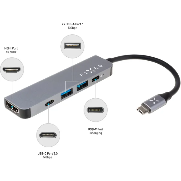 FIXED USB-C HUB Mini 5-portový pro notebooky a tablety šedý - USB huby - Obrázek AJWRF00101