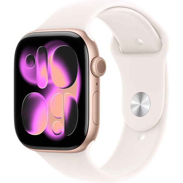 Apple Watch Series 11 (46mm) Růžově zlatý hliník se světle ruměnným sportovním řemínkem S/M