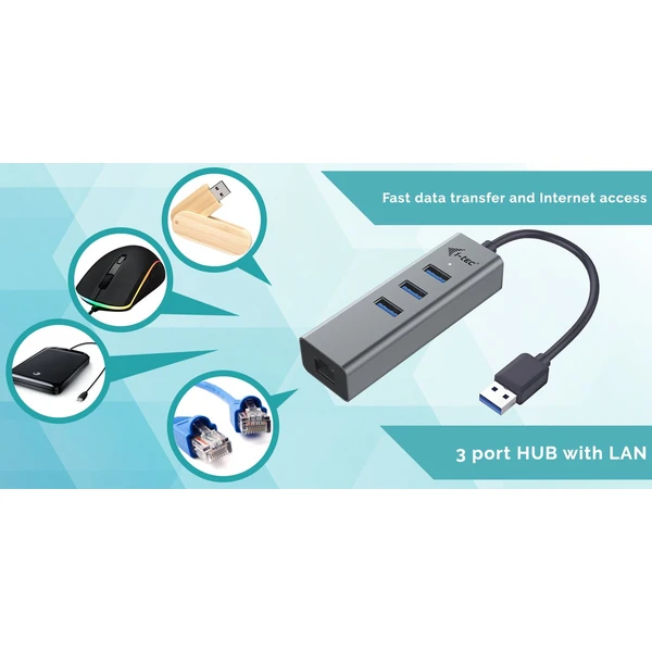 i-tec USB 3.0 Metal HUB 3 Port + Gigabit Ethernet Adapter - USB huby - Obrázek B39B000501