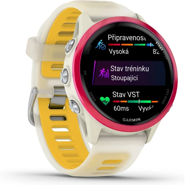 Garmin Forerunner 570 42 mm růžová hliníková luneta s bílo-žlutým poloprůhledným řemínkem - Chytré hodinky - Obrázek B3HF000P01